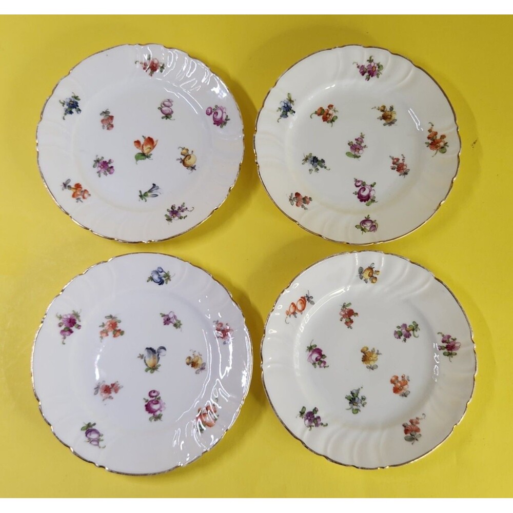 Set Of 4 Donath Dresden Hand Painted Floral Plates 6" Bread & Butter Flowers